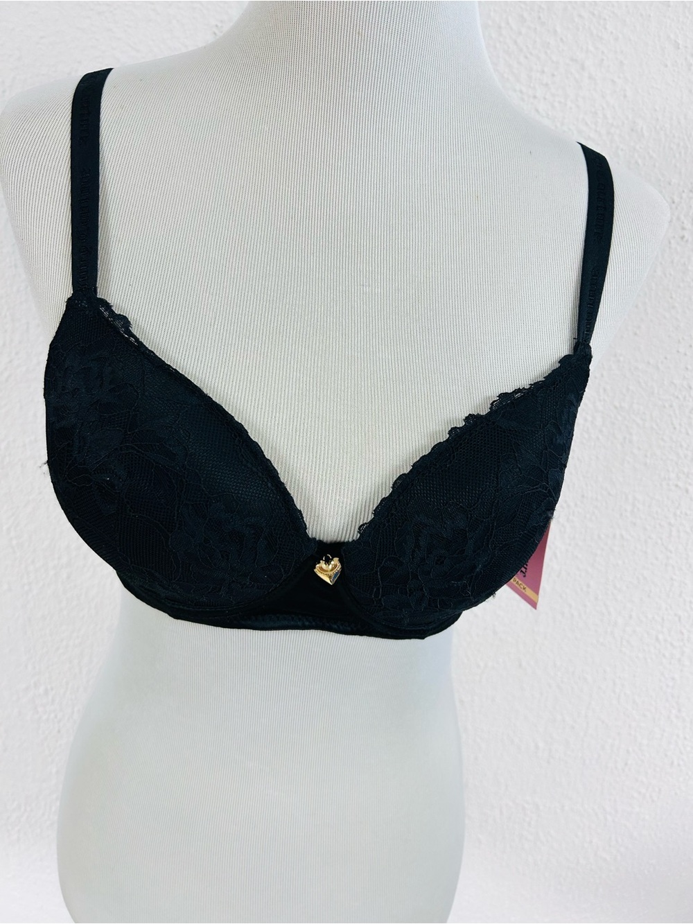 Juicy Couture sexy push up‎ black lace bra with gold heart 36C New